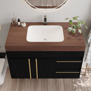 English Elm 36" Floating Bathroom Vanity Sintered Stone Surface Undermount Ceramic Sink Modern Bath Black, Walnut W3136S00099
