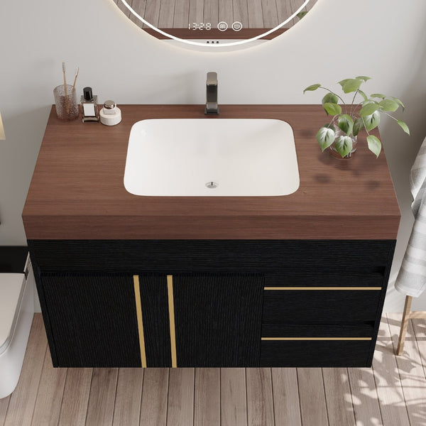 English Elm 36" Floating Bathroom Vanity Sintered Stone Surface Undermount Ceramic Sink Modern Bath Black, Walnut W3136S00099