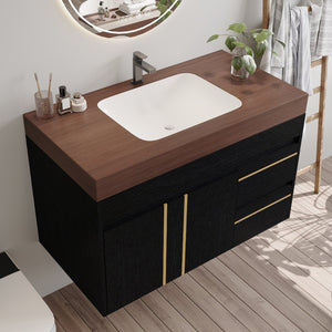 English Elm 36" Floating Bathroom Vanity Sintered Stone Surface Undermount Ceramic Sink Modern Bath Black, Walnut W3136S00099