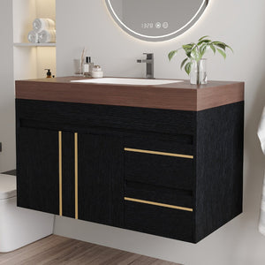 English Elm 36" Floating Bathroom Vanity Sintered Stone Surface Undermount Ceramic Sink Modern Bath Black, Walnut W3136S00099