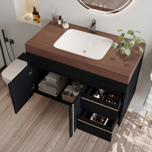 English Elm 36" Floating Bathroom Vanity Sintered Stone Surface Undermount Ceramic Sink Modern Bath Black, Walnut W3136S00099