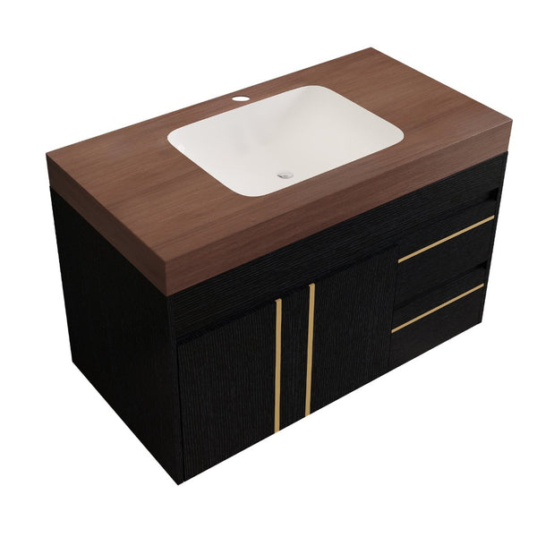 English Elm 36" Floating Bathroom Vanity Sintered Stone Surface Undermount Ceramic Sink Modern Bath Black, Walnut W3136S00099