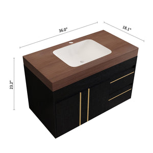 English Elm 36" Floating Bathroom Vanity Sintered Stone Surface Undermount Ceramic Sink Modern Bath Black, Walnut W3136S00099