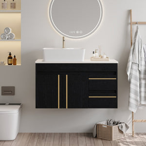 English Elm 36" Floating Bathroom Vanity Plywood Cabinet Vessel Sink Soft Close Spa Style W3136S00100