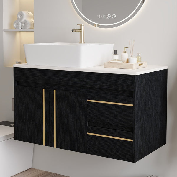 English Elm 36" Floating Bathroom Vanity Plywood Cabinet Vessel Sink Soft Close Spa Style W3136S00100