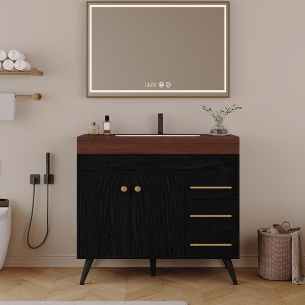 English Elm 36" Freestanding Bathroom Vanity Sintered Stone Top Ceramic Sink Soft-close Drawers Black / Walnut W3136S00101