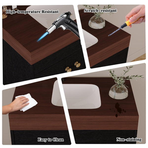 English Elm 36" Freestanding Bathroom Vanity Sintered Stone Top Ceramic Sink Soft-close Drawers Black / Walnut W3136S00101