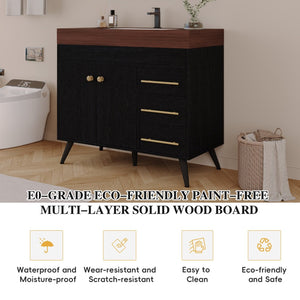 English Elm 36" Freestanding Bathroom Vanity Sintered Stone Top Ceramic Sink Soft-close Drawers Black / Walnut W3136S00101