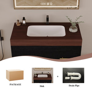 English Elm 36" Freestanding Bathroom Vanity Sintered Stone Top Ceramic Sink Soft-close Drawers Black / Walnut W3136S00101