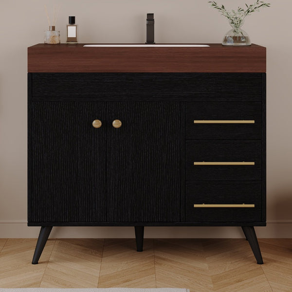 English Elm 36" Freestanding Bathroom Vanity Sintered Stone Top Ceramic Sink Soft-close Drawers Black / Walnut W3136S00101
