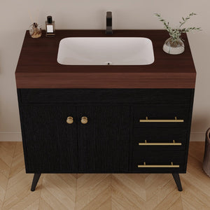 English Elm 36" Freestanding Bathroom Vanity Sintered Stone Top Ceramic Sink Soft-close Drawers Black / Walnut W3136S00101