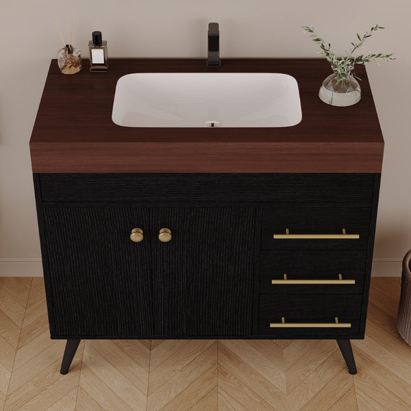 English Elm 36" Freestanding Bathroom Vanity Sintered Stone Top Ceramic Sink Soft-close Drawers Black / Walnut W3136S00101