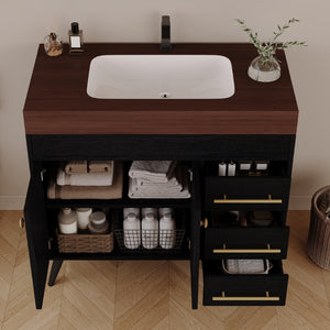 English Elm 36" Freestanding Bathroom Vanity Sintered Stone Top Ceramic Sink Soft-close Drawers Black / Walnut W3136S00101