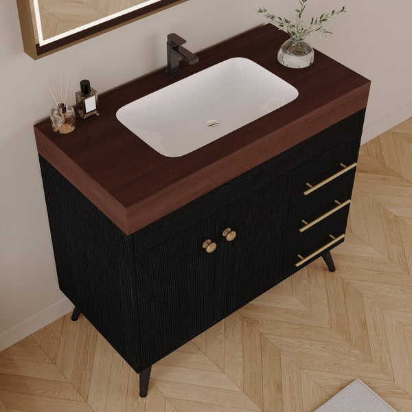 English Elm 36" Freestanding Bathroom Vanity Sintered Stone Top Ceramic Sink Soft-close Drawers Black / Walnut W3136S00101