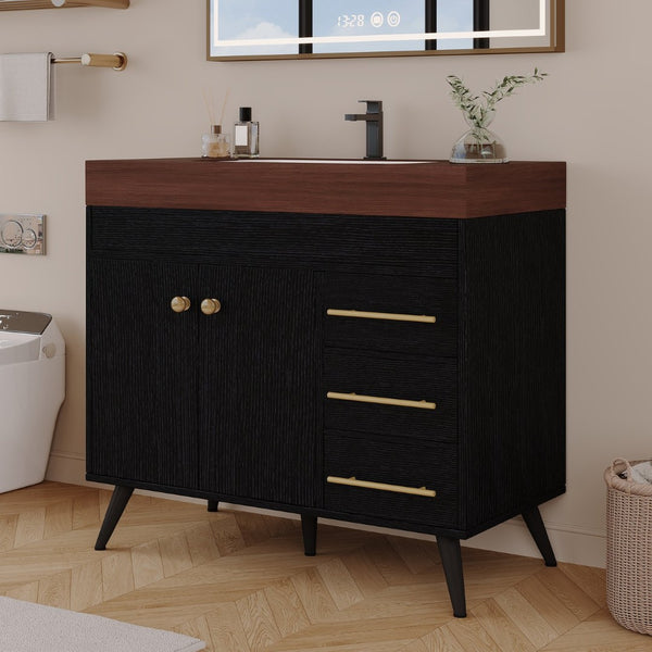 English Elm 36" Freestanding Bathroom Vanity Sintered Stone Top Ceramic Sink Soft-close Drawers Black / Walnut W3136S00101