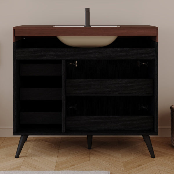 English Elm 36" Freestanding Bathroom Vanity Sintered Stone Top Ceramic Sink Soft-close Drawers Black / Walnut W3136S00101