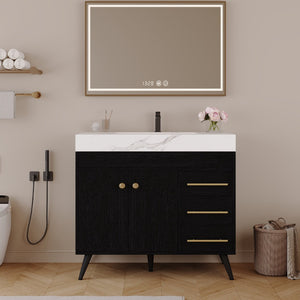 English Elm 36" Freestanding Bathroom Vanity Sintered Stone Top Ceramic Sink Soft-close Drawers Black / White W3136S00102