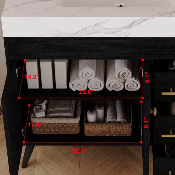 English Elm 36" Freestanding Bathroom Vanity Sintered Stone Top Ceramic Sink Soft-close Drawers Black / White W3136S00102