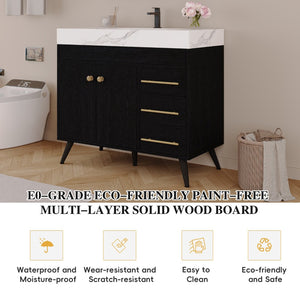 English Elm 36" Freestanding Bathroom Vanity Sintered Stone Top Ceramic Sink Soft-close Drawers Black / White W3136S00102