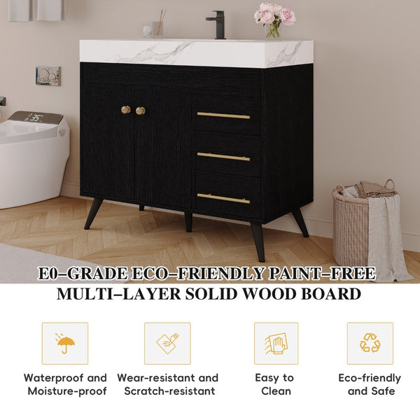 English Elm 36" Freestanding Bathroom Vanity Sintered Stone Top Ceramic Sink Soft-close Drawers Black / White W3136S00102