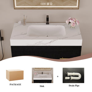 English Elm 36" Freestanding Bathroom Vanity Sintered Stone Top Ceramic Sink Soft-close Drawers Black / White W3136S00102