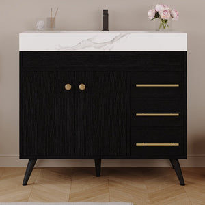 English Elm 36" Freestanding Bathroom Vanity Sintered Stone Top Ceramic Sink Soft-close Drawers Black / White W3136S00102