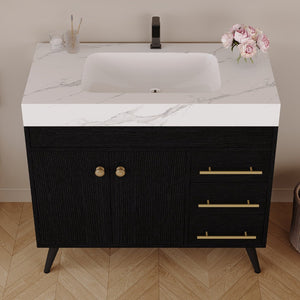 English Elm 36" Freestanding Bathroom Vanity Sintered Stone Top Ceramic Sink Soft-close Drawers Black / White W3136S00102