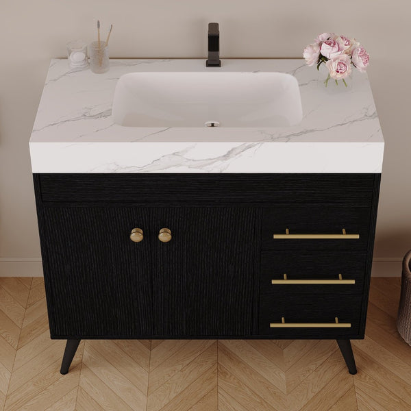 English Elm 36" Freestanding Bathroom Vanity Sintered Stone Top Ceramic Sink Soft-close Drawers Black / White W3136S00102