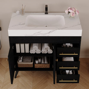 English Elm 36" Freestanding Bathroom Vanity Sintered Stone Top Ceramic Sink Soft-close Drawers Black / White W3136S00102