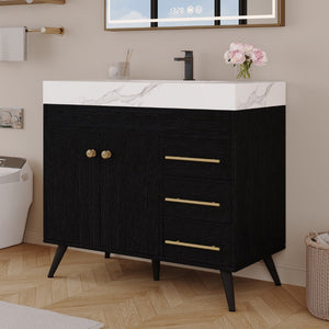 English Elm 36" Freestanding Bathroom Vanity Sintered Stone Top Ceramic Sink Soft-close Drawers Black / White W3136S00102