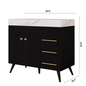 English Elm 36" Freestanding Bathroom Vanity Sintered Stone Top Ceramic Sink Soft-close Drawers Black / White W3136S00102
