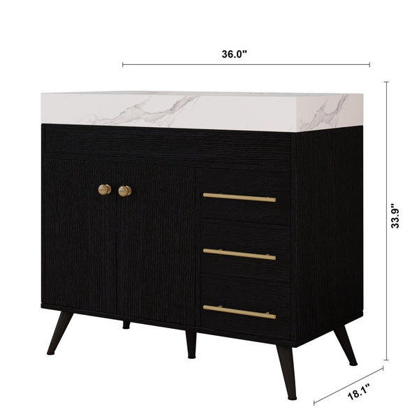 English Elm 36" Freestanding Bathroom Vanity Sintered Stone Top Ceramic Sink Soft-close Drawers Black / White W3136S00102