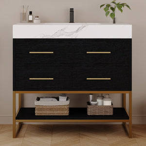 English Elm 36" Sintered Stone Freestanding Bathroom Vanity Soft Close Drawers Gold Hardware Undermount Sink Black/White W3136S00103