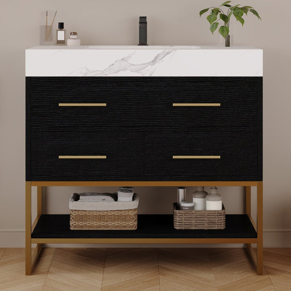 English Elm 36" Sintered Stone Freestanding Bathroom Vanity Soft Close Drawers Gold Hardware Undermount Sink Black/White W3136S00103