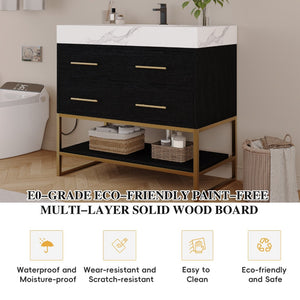 English Elm 36" Sintered Stone Freestanding Bathroom Vanity Soft Close Drawers Gold Hardware Undermount Sink Black/White W3136S00103