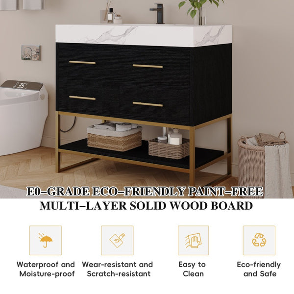 English Elm 36" Sintered Stone Freestanding Bathroom Vanity Soft Close Drawers Gold Hardware Undermount Sink Black/White W3136S00103