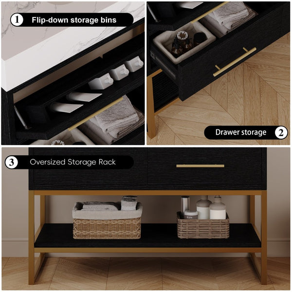 English Elm 36" Sintered Stone Freestanding Bathroom Vanity Soft Close Drawers Gold Hardware Undermount Sink Black/White W3136S00103
