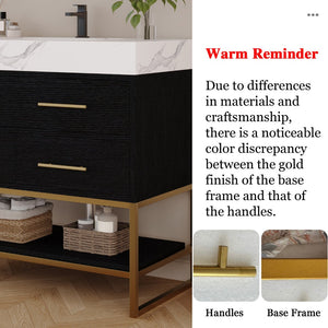 English Elm 36" Sintered Stone Freestanding Bathroom Vanity Soft Close Drawers Gold Hardware Undermount Sink Black/White W3136S00103