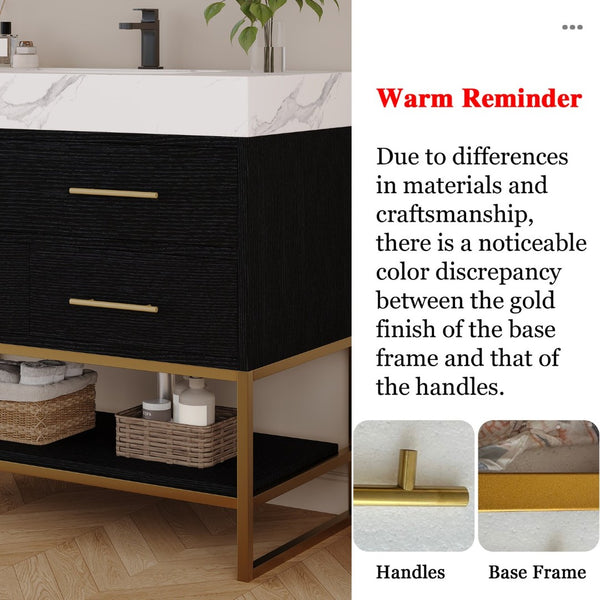 English Elm 36" Sintered Stone Freestanding Bathroom Vanity Soft Close Drawers Gold Hardware Undermount Sink Black/White W3136S00103