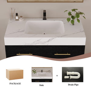English Elm 36" Sintered Stone Freestanding Bathroom Vanity Soft Close Drawers Gold Hardware Undermount Sink Black/White W3136S00103