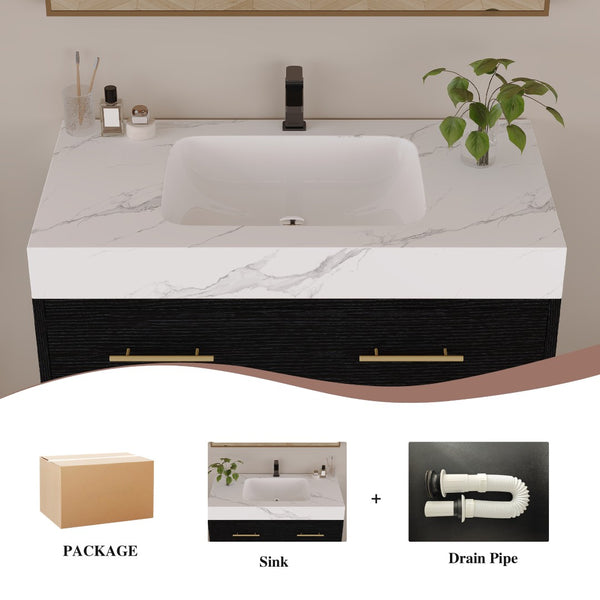 English Elm 36" Sintered Stone Freestanding Bathroom Vanity Soft Close Drawers Gold Hardware Undermount Sink Black/White W3136S00103