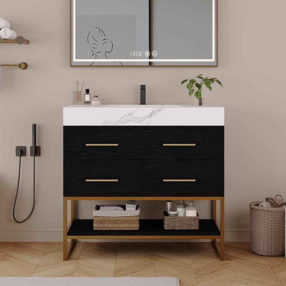 English Elm 36" Sintered Stone Freestanding Bathroom Vanity Soft Close Drawers Gold Hardware Undermount Sink Black/White W3136S00103