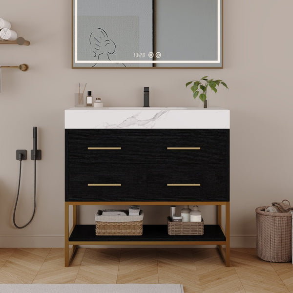 English Elm 36" Sintered Stone Freestanding Bathroom Vanity Soft Close Drawers Gold Hardware Undermount Sink Black/White W3136S00103