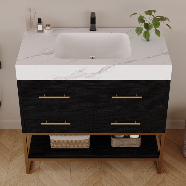 English Elm 36" Sintered Stone Freestanding Bathroom Vanity Soft Close Drawers Gold Hardware Undermount Sink Black/White W3136S00103