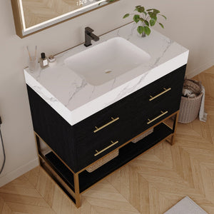 English Elm 36" Sintered Stone Freestanding Bathroom Vanity Soft Close Drawers Gold Hardware Undermount Sink Black/White W3136S00103