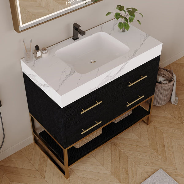 English Elm 36" Sintered Stone Freestanding Bathroom Vanity Soft Close Drawers Gold Hardware Undermount Sink Black/White W3136S00103