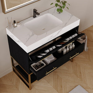 English Elm 36" Sintered Stone Freestanding Bathroom Vanity Soft Close Drawers Gold Hardware Undermount Sink Black/White W3136S00103