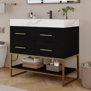 English Elm 36" Sintered Stone Freestanding Bathroom Vanity Soft Close Drawers Gold Hardware Undermount Sink Black/White W3136S00103