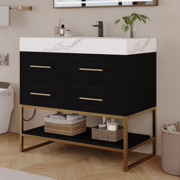 English Elm 36" Sintered Stone Freestanding Bathroom Vanity Soft Close Drawers Gold Hardware Undermount Sink Black/White W3136S00103