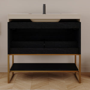 English Elm 36" Sintered Stone Freestanding Bathroom Vanity Soft Close Drawers Gold Hardware Undermount Sink Black/White W3136S00103